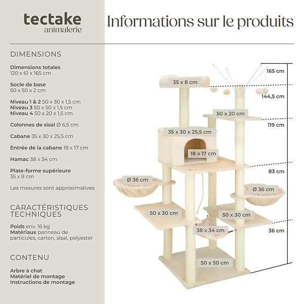 TECTAKE - Arbre à chat LILOU 165 cm beige - large