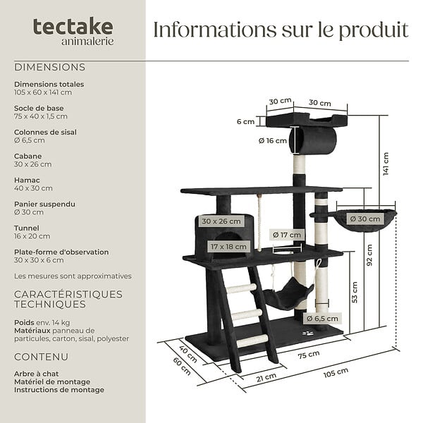 TECTAKE - Arbre à chat MARCEL 141 cm noir - large