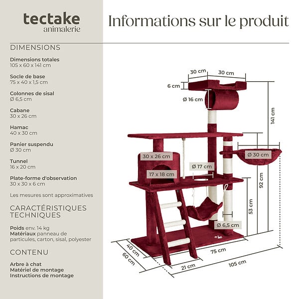 TECTAKE - Arbre à chat MARCEL 141 cm rouge bordeaux - large