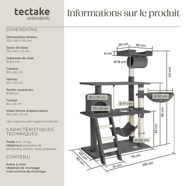 TECTAKE - Arbre à chat MARCEL 141 cm gris - large