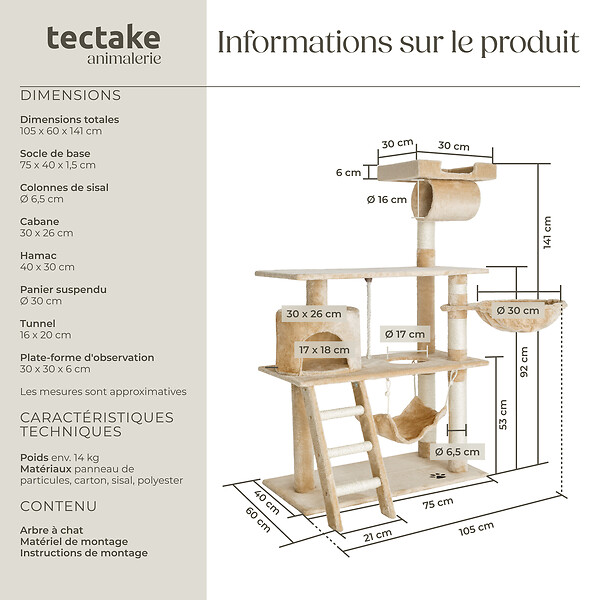 TECTAKE - Arbre à chat MARCEL 141 cm beige - large