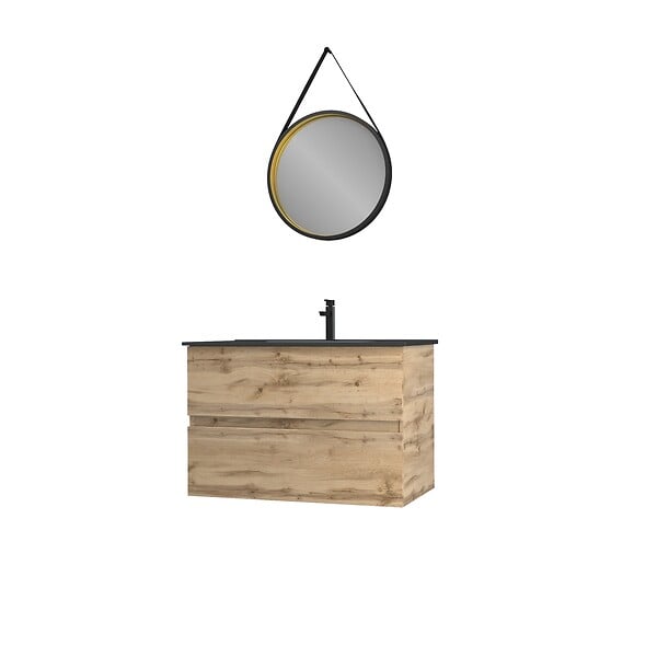 AURLANE - Pack Meuble SDB 80cm suspendu 2 tiroirs Chene_Vasque noire + Miroir Barber - TIMBER 80_Pack34 - large
