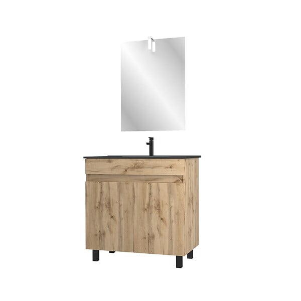 AURLANE - Pack Meuble SDB 80cm sur pieds 2 portes Chene_Vasque noire + Miroir Led - TIMBER 80_Pack23 - large