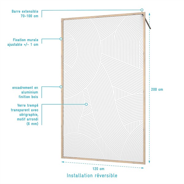 AURLANE - Paroi de douche 120 x 200 HINATA style Japandi courbes douces - Cadre effet Bois - Verre 6mm - large