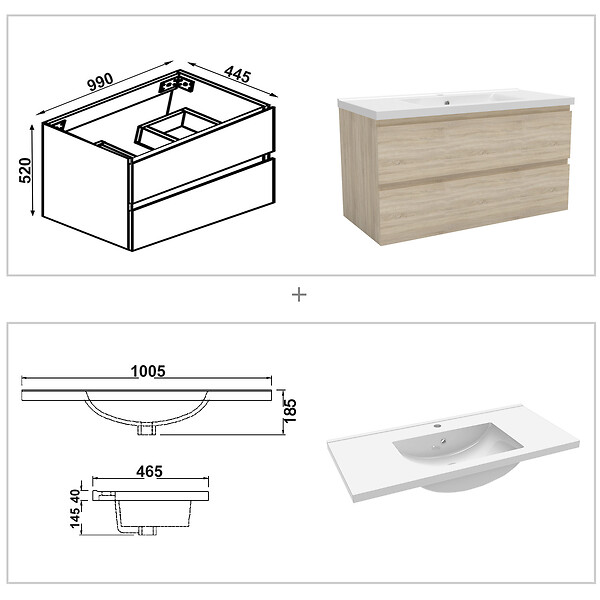 AICA SANITAIRE - AICA ensemble meuble 100 cm Chêne Wotan avec 2 tiroirs à fermeture automatique, lavabo céramique + miroir salle de bain Bluetooth tricolore + 2 colonnes hautes, suspendu - large