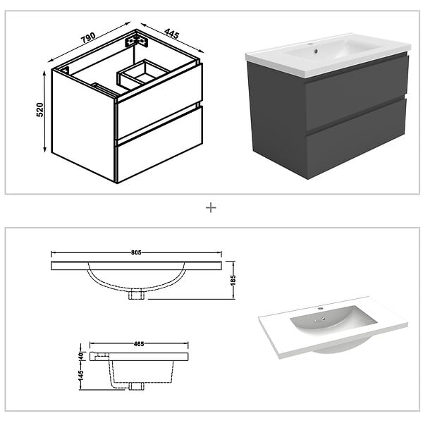 AICA SANITAIRE - AICA ensemble meuble 80 cm anthracite avec 2 tiroirs à fermeture automatique, lavabo céramique + miroir salle de bain Bluetooth tricolore + 2 colonnes, suspendu - large