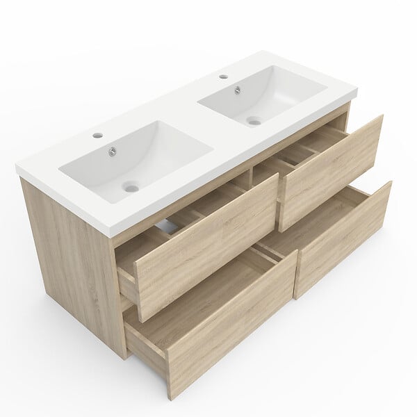 AICA SANITAIRE - AICA ensemble meuble 120 cm Chêne Wotan avec 4 tiroirs à fermeture automatique, lavabo céramique + miroir salle de bain Bluetooth tricolore + colonne haute, suspendu - large