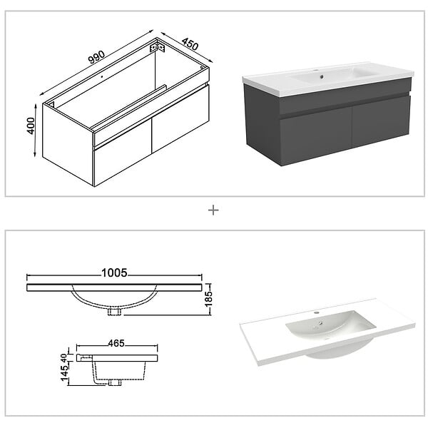 AICA SANITAIRE - AICA Ensemble meuble 100 cm, lavabo céramique simple + 2 colonnes + Miroir salle de bain Bluetooth avec 3 couleurs dimmable, anthracite à suspendre - large