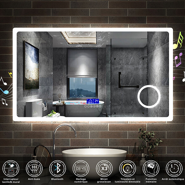 AICA SANITAIRE - AICA Ensemble meuble 120 cm, lavabo céramique simple + colonne + Miroir salle de bain Bluetooth avec 3 couleurs dimmable, anthracite à suspendre - large