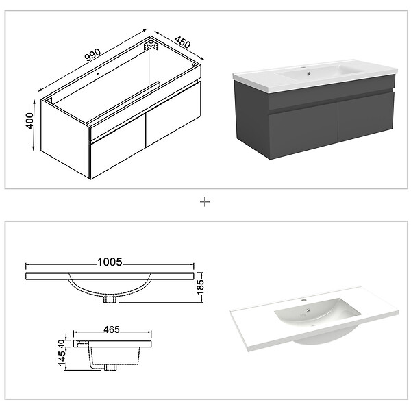 AICA SANITAIRE - AICA Ensemble meuble 100 cm, lavabo céramique simple + colonne + Miroir salle de bain Bluetooth avec 3 couleurs dimmable, anthracite à suspendre - large
