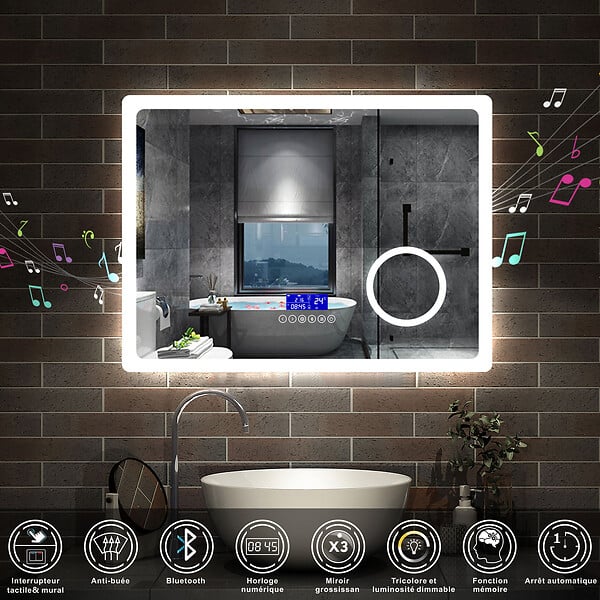 AICA SANITAIRE - AICA Ensemble meuble 80 cm blanc, lavabo céramique + 2 colonnes hautes + Miroir salle de bain Bluetooth avec 3 couleurs dimmable, suspendu - large
