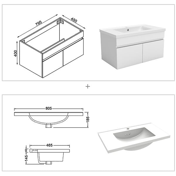 AICA SANITAIRE - AICA Ensemble meuble 80 cm blanc, lavabo céramique + 2 colonnes hautes + Miroir salle de bain Bluetooth avec 3 couleurs dimmable, suspendu - large
