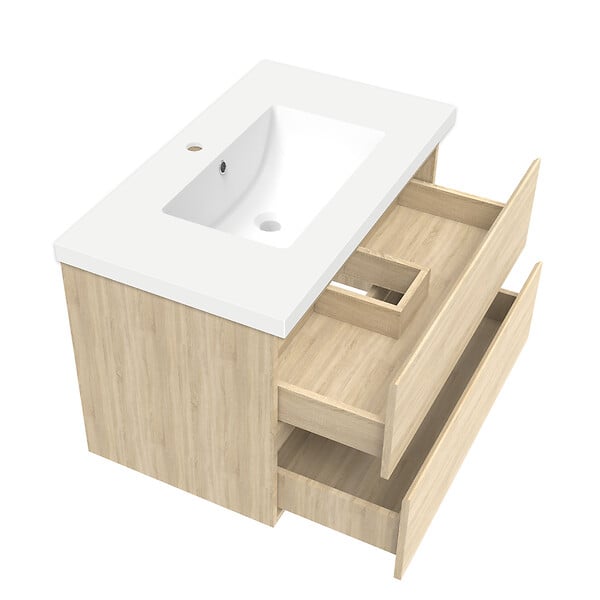 AICA SANITAIRE - AICA ensemble meuble 80 cm Chêne Wotan avec 2 tiroirs à fermeture automatique, lavabo céramique + miroir salle de bain Bluetooth tricolore + 2 colonnes hautes, suspendu - large