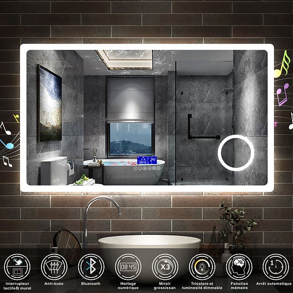 AICA SANITAIRE - AICA ensemble meuble salle de bain 120 cm Chêne Wotan avec 4 tiroirs à fermeture automatique, lavabo céramique + miroirBluetooth + 2 colonnes, suspendu - large