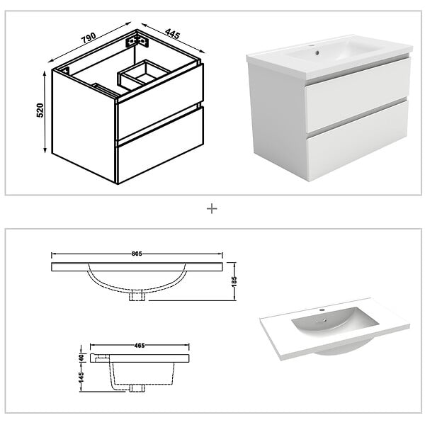 AICA SANITAIRE - AICA ensemble meuble 80 cm blanc avec 2 tiroirs à fermeture automatique, lavabo céramique + miroir salle de bain Bluetooth + 2 colonnes, suspendu - large