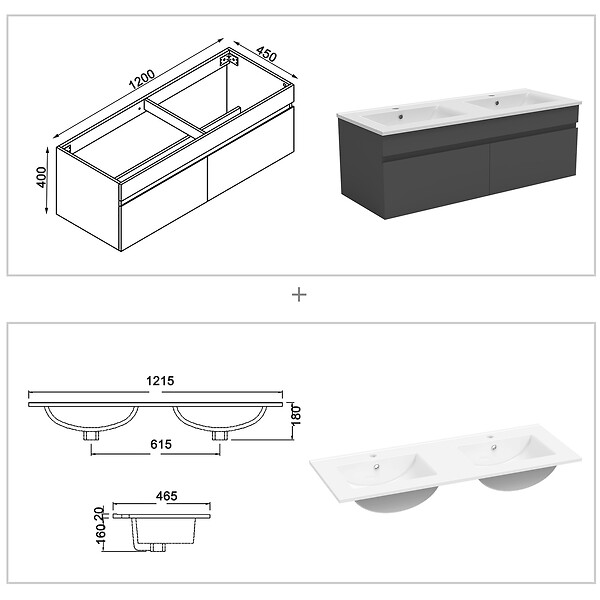 AICA SANITAIRE - AICA Ensemble meuble 120 cm, lavabo céramique double + Miroir salle de bain Bluetooth avec 3 couleurs dimmable, anthracite à suspendre - large