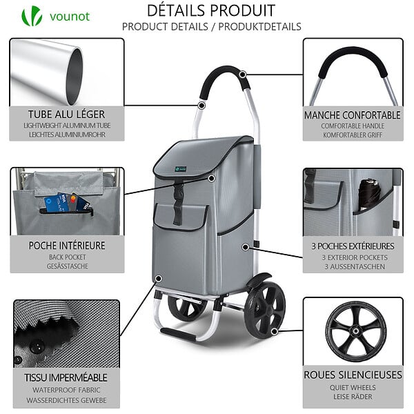 VOUNOT - Chariot de course pliable aluminium 2 roues gris - large