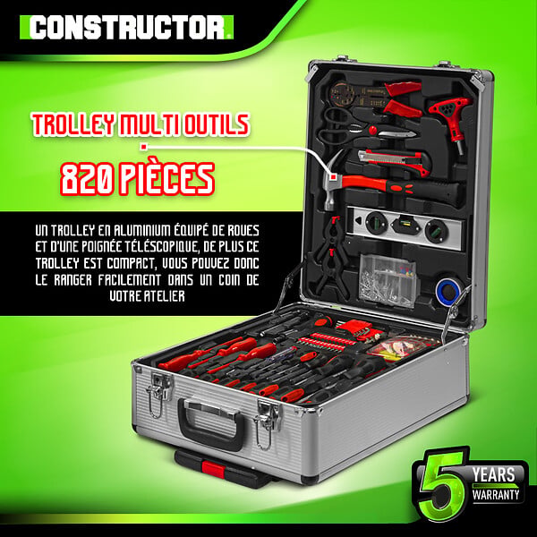 CONSTRUCTOR - Trolley multi outils 820pcs avec poignée téléscopique - large