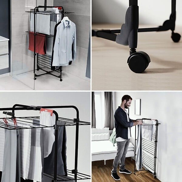 VILEDA - Étendoir à linge Intérieur 3 étages Séchoir à linge Pliable sur roulettes Tancarville Noir 93 x 71 x 131 cm VILEDA - large