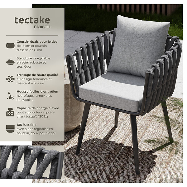 TECTAKE - Lot de 2 chaises au motif cordé avec structure en aluminium résistant aux intempéries et aux UV gris - large