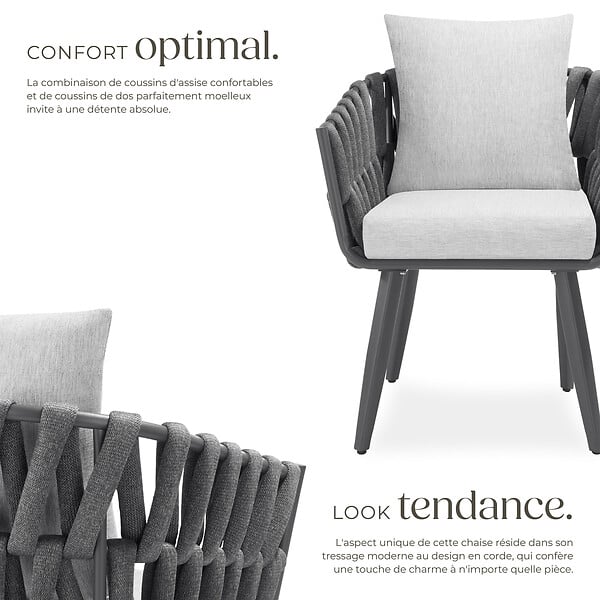TECTAKE - Lot de 2 chaises au motif cordé avec structure en aluminium résistant aux intempéries et aux UV gris - large