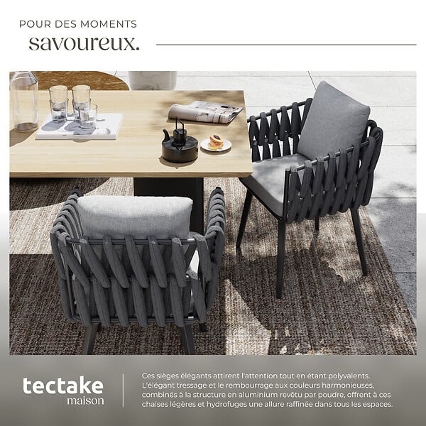 TECTAKE - Lot de 2 chaises au motif cordé avec structure en aluminium résistant aux intempéries et aux UV gris - large