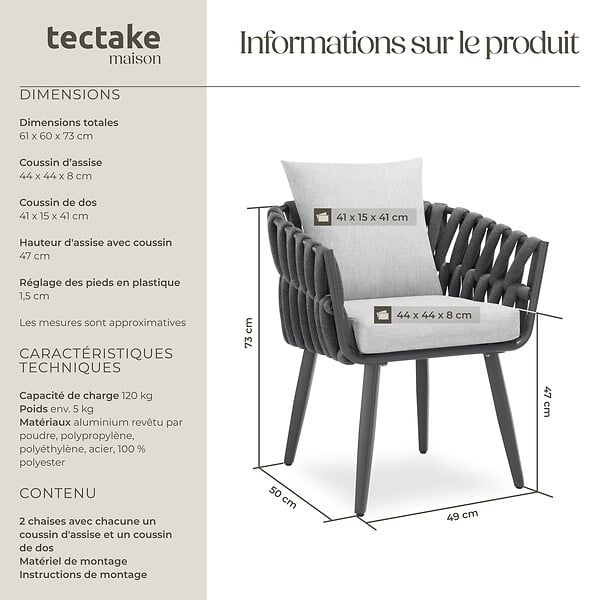 TECTAKE - Lot de 2 chaises au motif cordé avec structure en aluminium résistant aux intempéries et aux UV gris - large