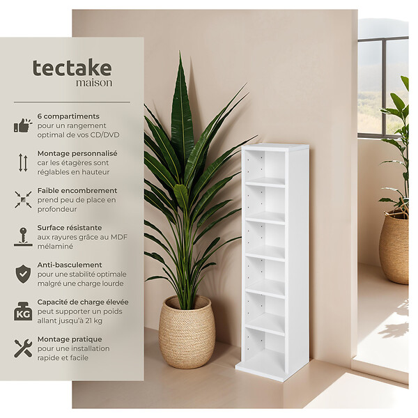 TECTAKE - Étagère Colonne Meuble de Rangement 6 compartiments 90x21x20cm blanc - large