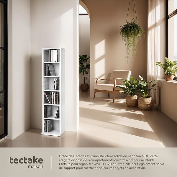 TECTAKE - Étagère Colonne Meuble de Rangement 6 compartiments 90x21x20cm blanc - large