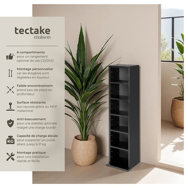 TECTAKE - Étagère Colonne Meuble de Rangement 6 compartiments 90x21x20cm noir - large