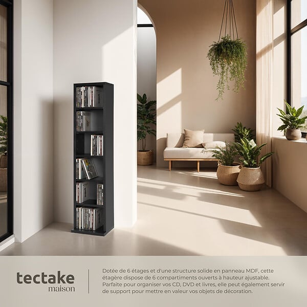 TECTAKE - Étagère Colonne Meuble de Rangement 6 compartiments 90x21x20cm noir - large