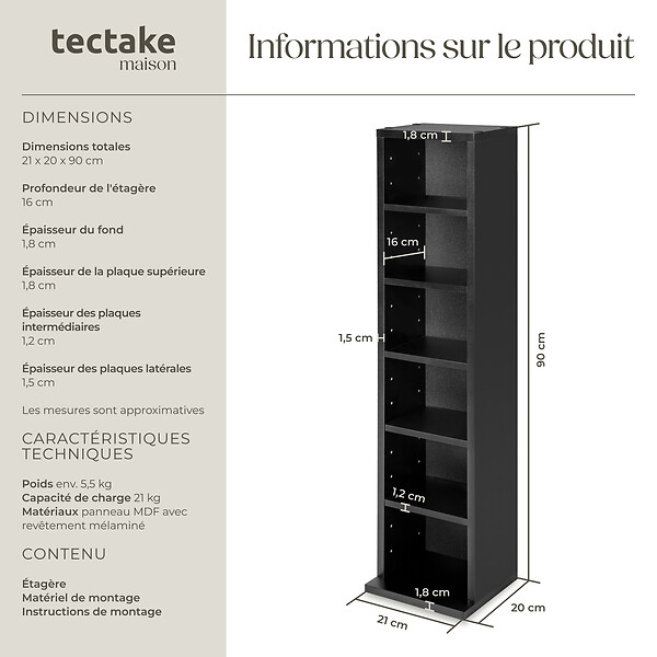 TECTAKE - Étagère Colonne Meuble de Rangement 6 compartiments 90x21x20cm noir - large