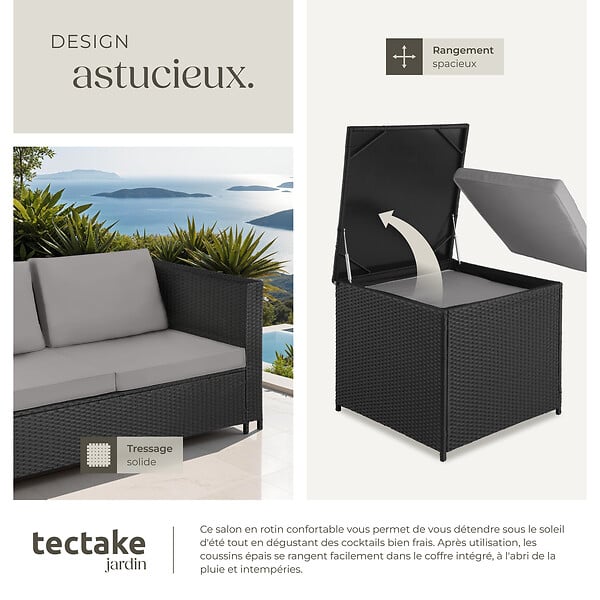 TECTAKE - Canapé de jardin Siena 4 places avec coffre de rangement noir/gris - large
