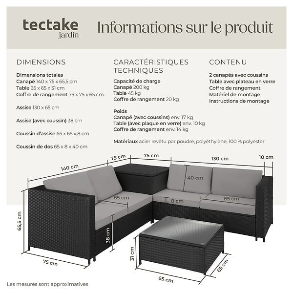 TECTAKE - Canapé de jardin Siena 4 places avec coffre de rangement noir/gris - large