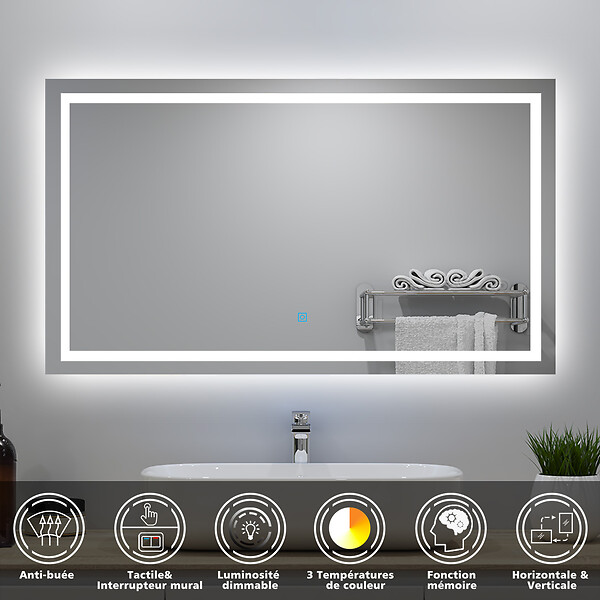 AICA SANITAIRE - Ensemble meuble salle de Bain 80cm avec colonne et miroir mural lumineux 3 couleurs blanc - large