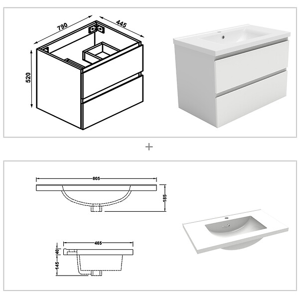 AICA SANITAIRE - Ensemble meuble salle de Bain 80cm avec colonne et miroir mural lumineux 3 couleurs blanc - large
