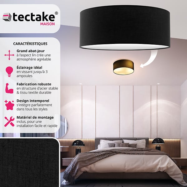 TECTAKE - Plafonnier CIRCUM abat-jour en aspect lin noir - large