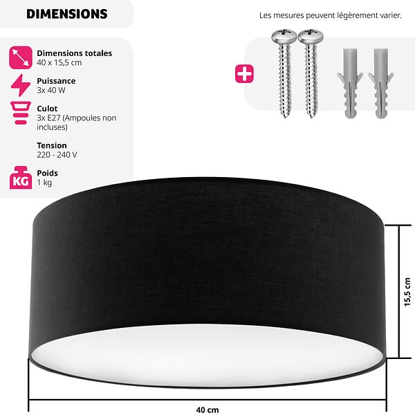 TECTAKE - Plafonnier CIRCUM abat-jour en aspect lin noir - large