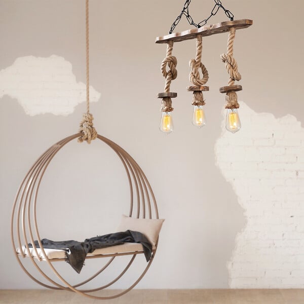 CONCEPT USINE - Suspension rustique filaire 3 lampes cordes et bois ZYA - large