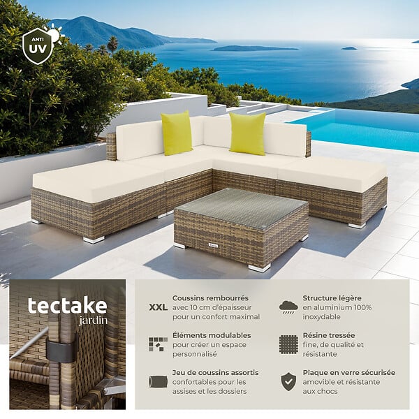 TECTAKE - Salon en rotin avec structure en aluminium Paris marron naturel - large