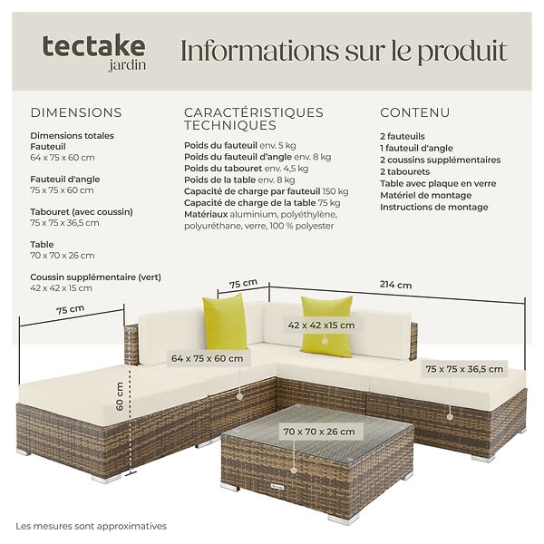 TECTAKE - Salon en rotin avec structure en aluminium Paris marron naturel - large