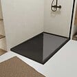 AURLANE - Receveur en acrylique Noir Effet Pierre 80x120x4 cm + Grilles Linéaires Chrome et Noire Mate - vignette