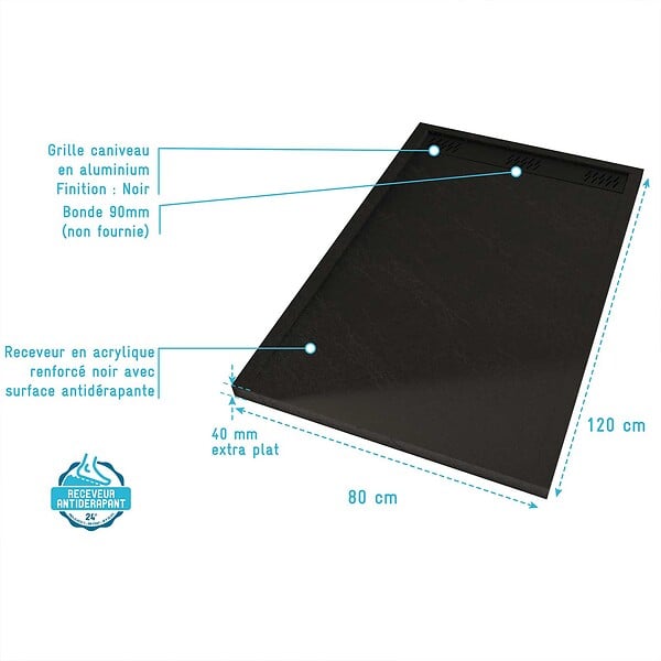 AURLANE - Receveur en acrylique Noir Effet Pierre 80x120x4 cm + Grilles Linéaires Chrome et Noire Mate - large