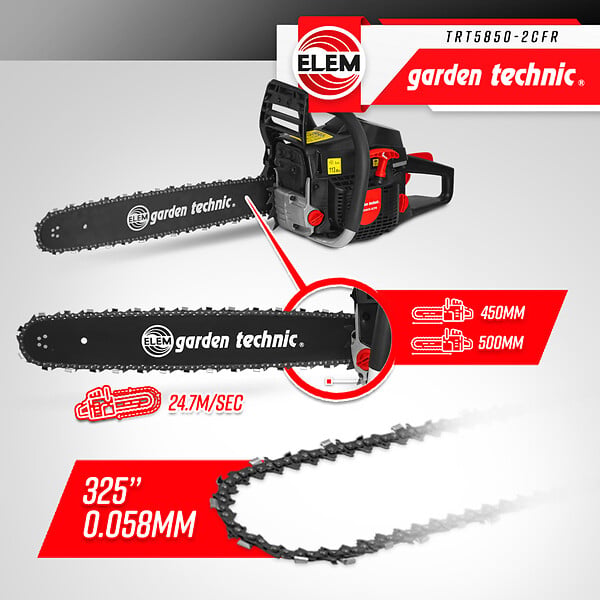 ELEM GARDEN TECHNIC - Tronçonneuse thermique 58CC - guide 50cm livrée avec 2 chaînes - large