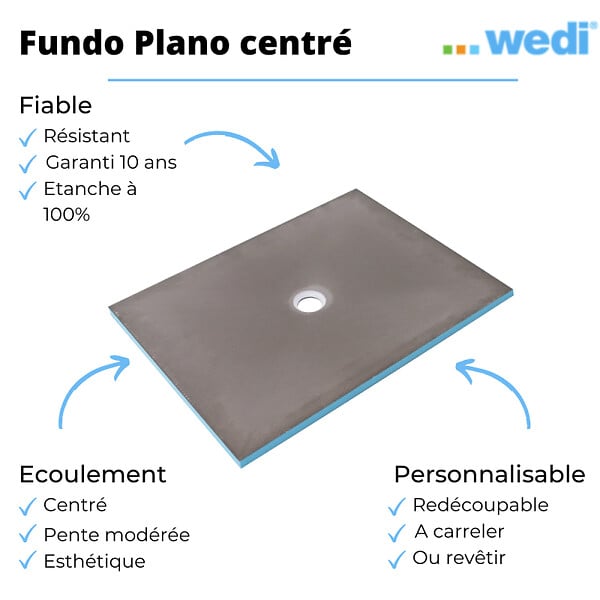 WEDI - Receveur à carreler FUNDO PRIMO écoulement centré - Rectangulaire : 1800 x 900 x 40 mm - large