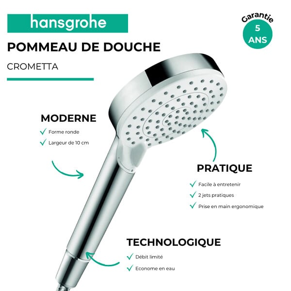 HANSGROHE - Pommeau de douche Crometta EcoSmart 2 jets blanc/chromé + flexible de douche 1,25 m Metaflex chromé - large