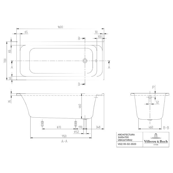 VILLEROY ET BOCH - Baignoire droite 160 X 70  Architectura acrylique - large