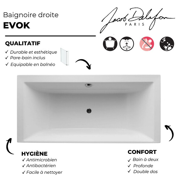 JACOB DELAFON - Baignoire droite 170 x 70 Evok, deux places + pare bain - large