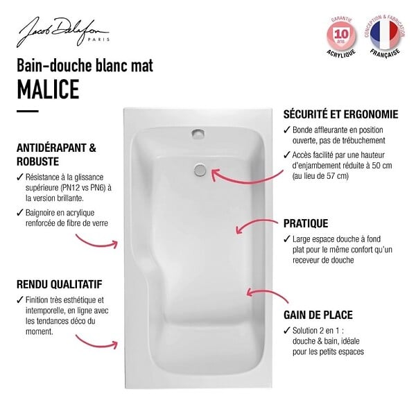 JACOB DELAFON - Baignoire bain douche Malice, antidérapant, version Gauche Blanc mat 170x90cm - large