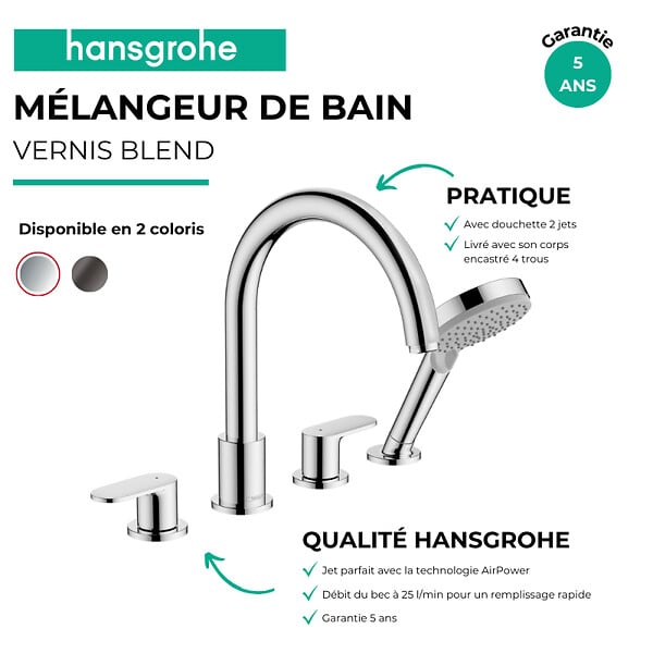 HANSGROHE - Mélangeur bain douche 4 trous Vernis Blend chromé + corps d'encastrement - large